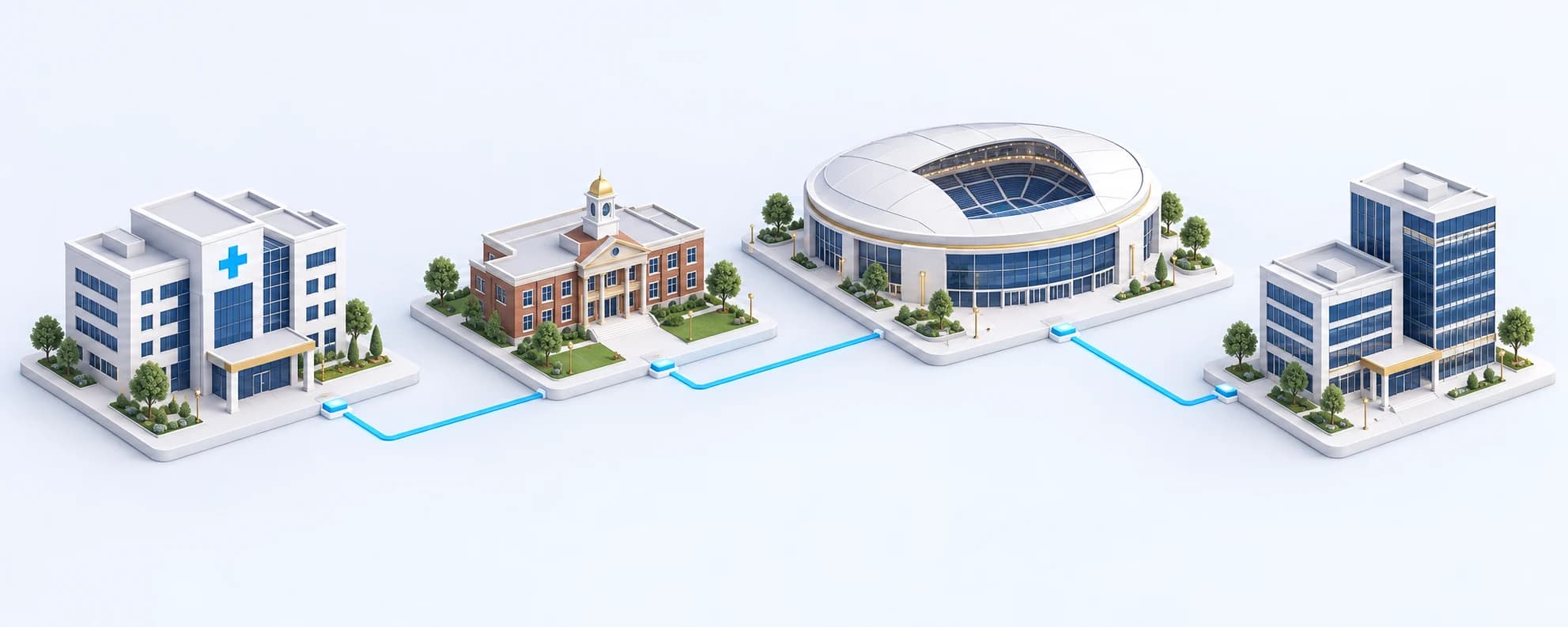 A hospital, school, arena, and office buildings linked by blue network connections