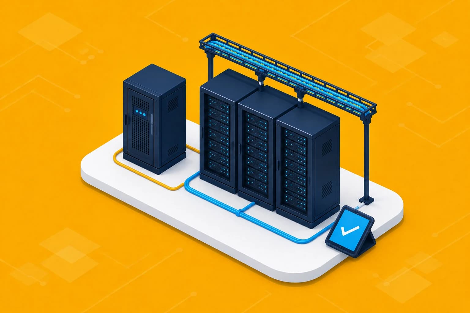 Isometric illustration of data center planning with power equipment, server racks, and organized cable pathways