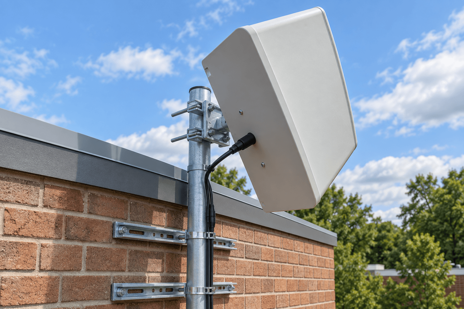 Representative generated scene of a white panel antenna on a mast beside a brick building