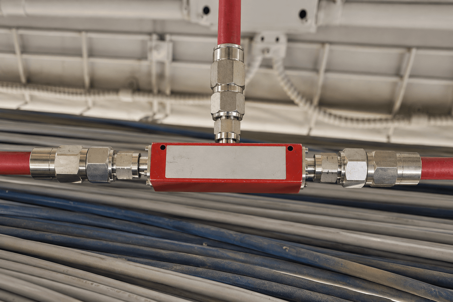 Representative generated RF tap with three coax connections, at the left, right and top