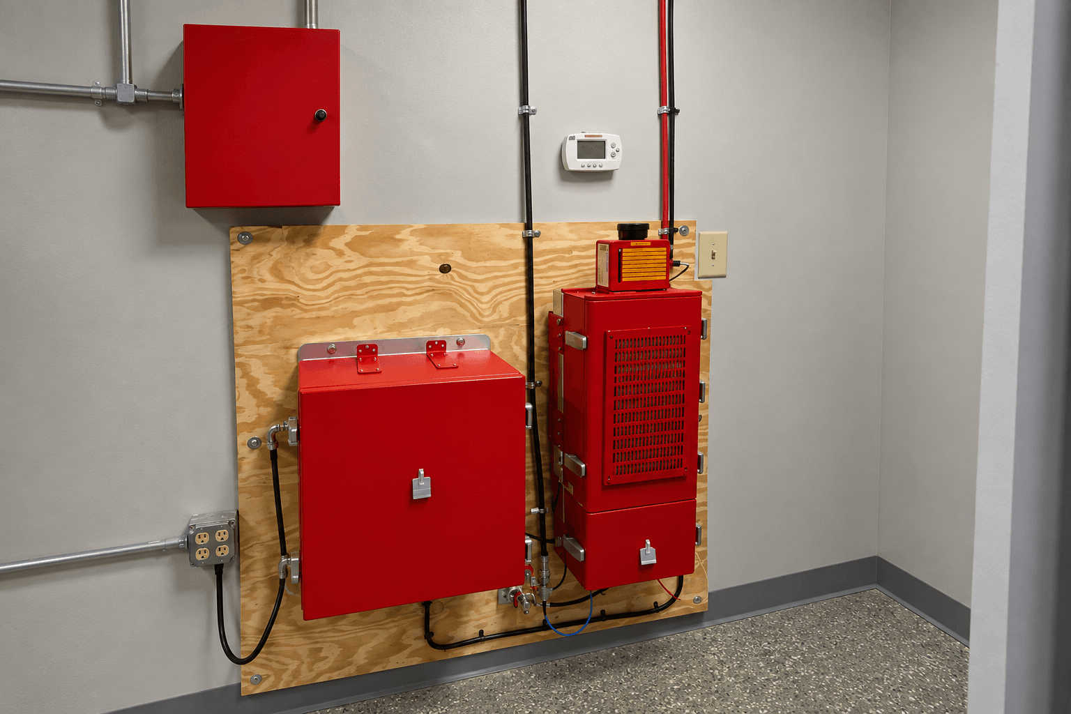 Representative generated scene of red radio-support equipment cabinets on a plywood backboard