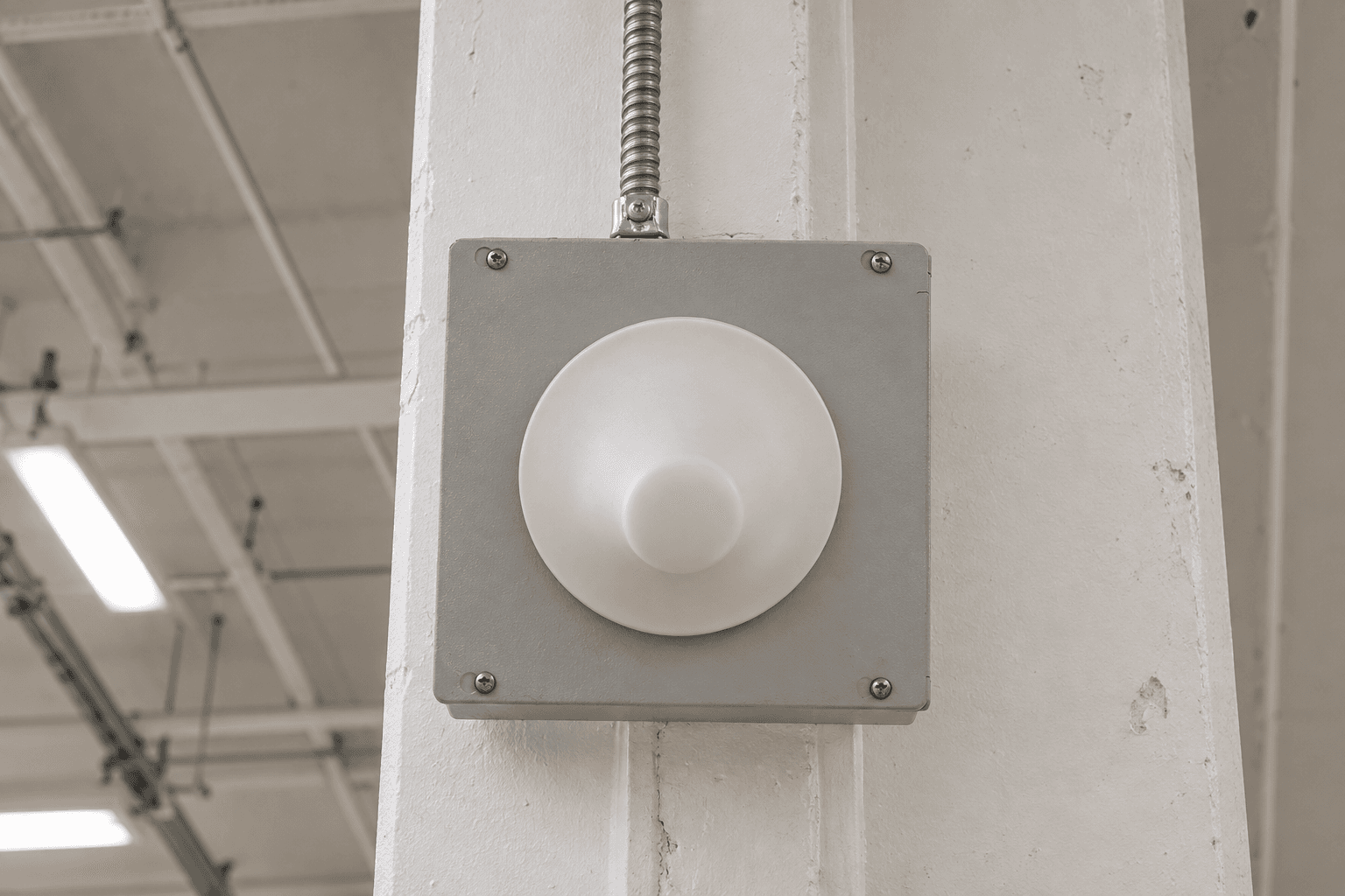 Representative generated scene of an indoor dome antenna on a gray mounting box with metal conduit