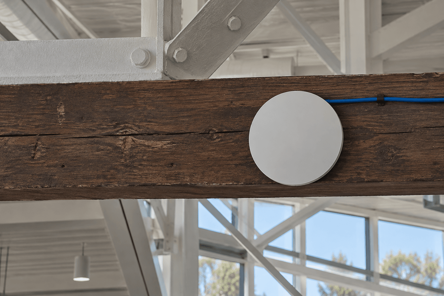 Representative generated scene of a round wireless access point mounted on a timber beam with a supported blue cable