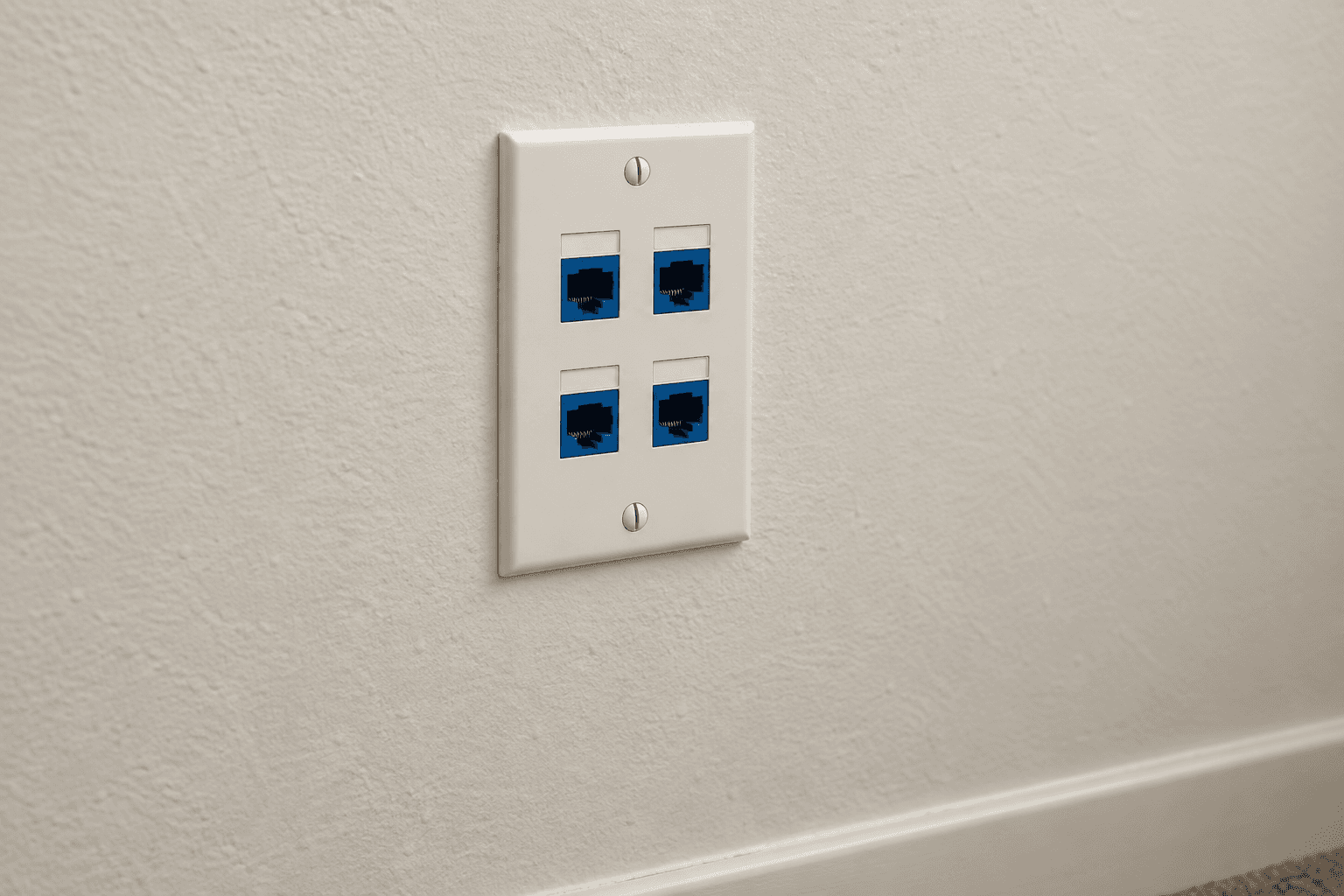 Representative generated scene of four blue data sockets in a white wall plate