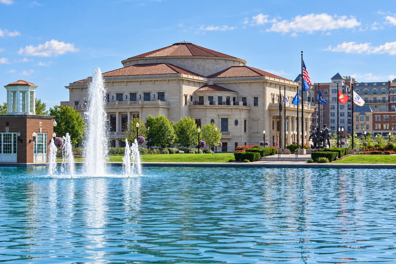 The Palladium and fountains at Carmel City Center, Indiana