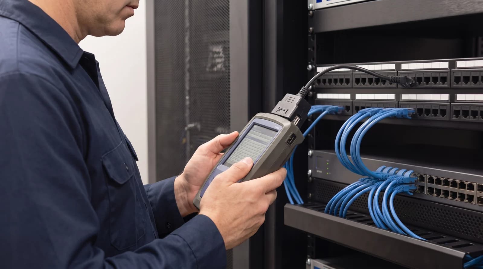 A technician holds a cable tester connected to a passive patch panel above a network switch