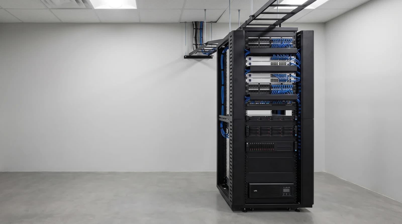 A full equipment rack with network switches, servers, and overhead cable support