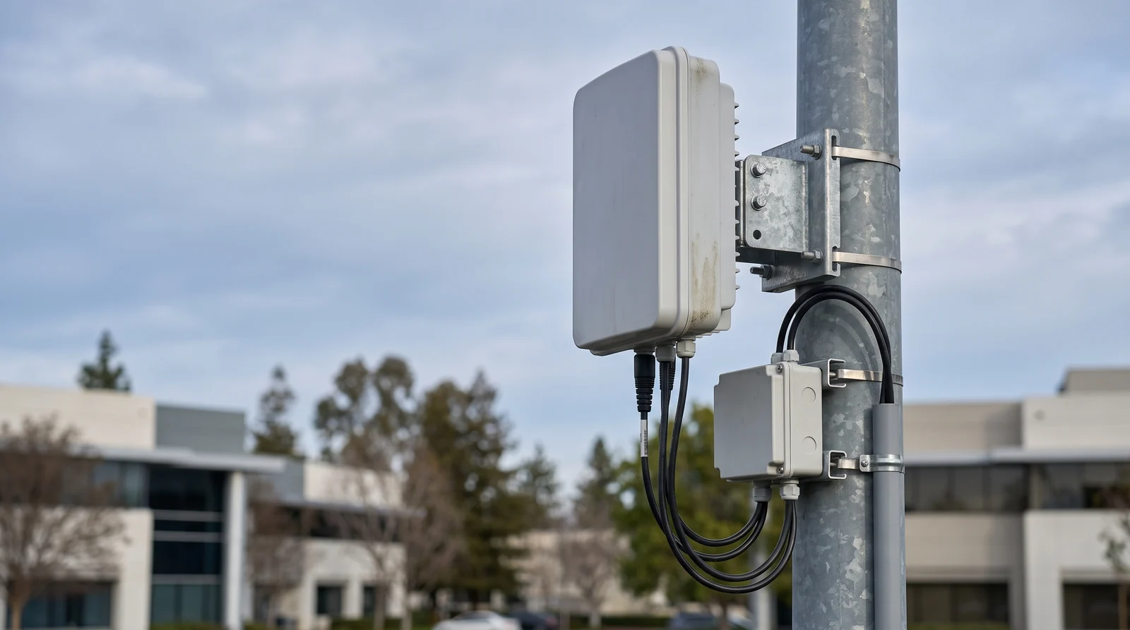 Outdoor small-cell radio equipment secured to a pole outside a commercial building