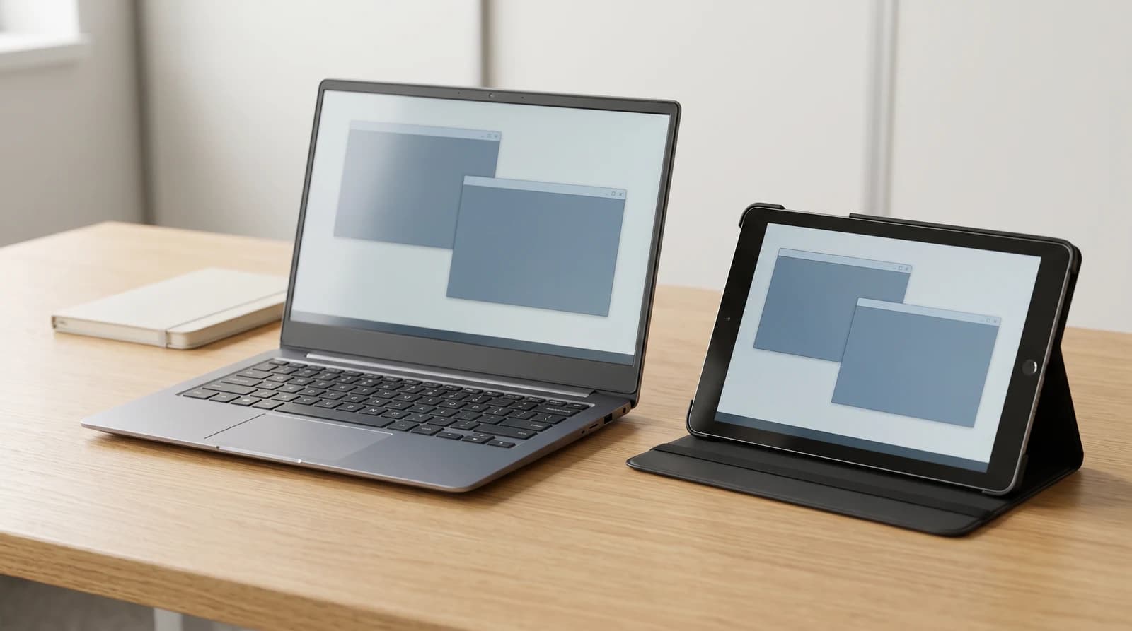 A laptop and tablet display matching desktop windows on a wooden desk