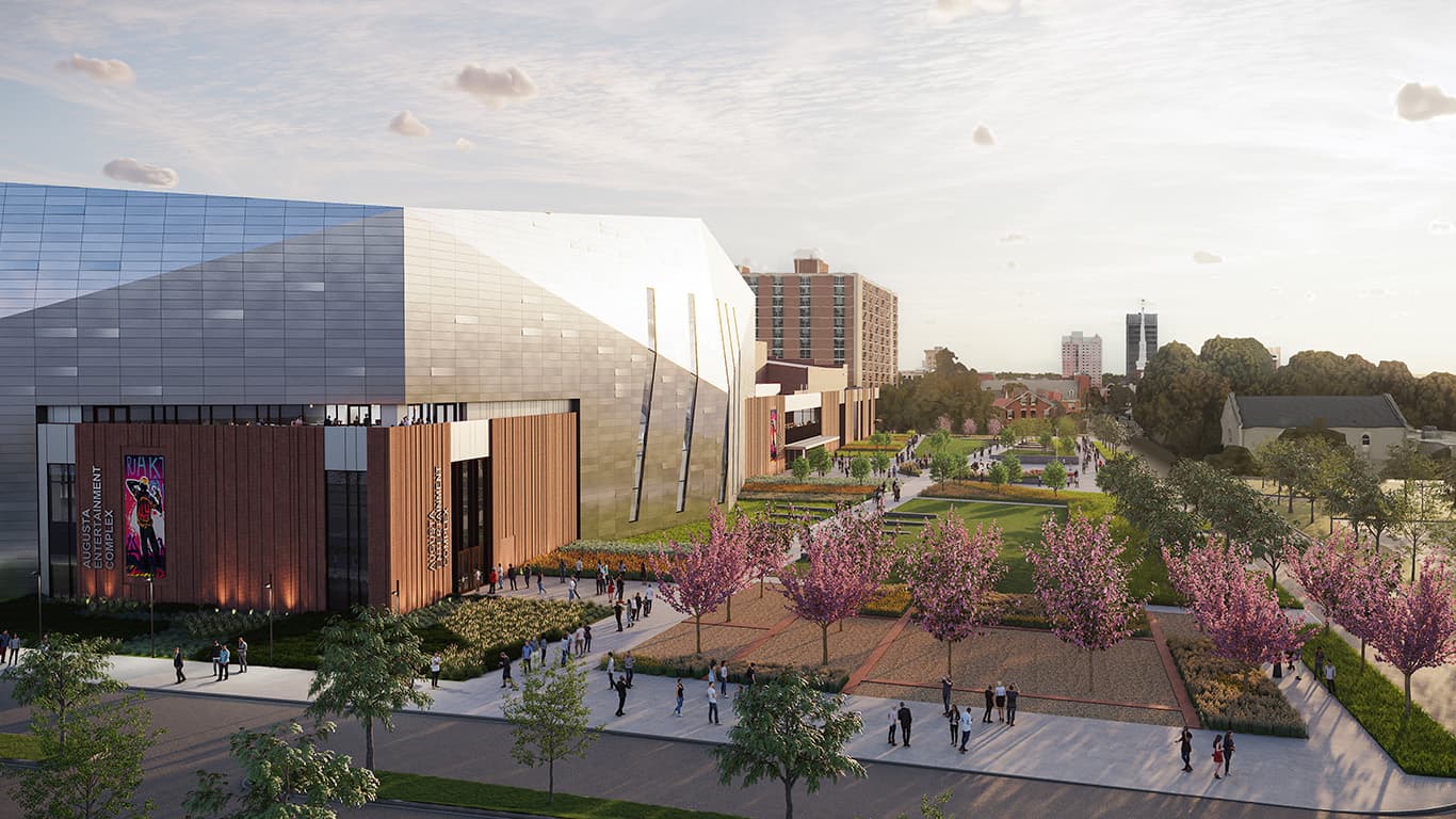 Architectural rendering of the New Augusta Arena and its public plaza in downtown Augusta, Georgia