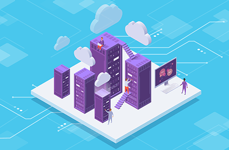 Infographic showing people climbing servers in clouds